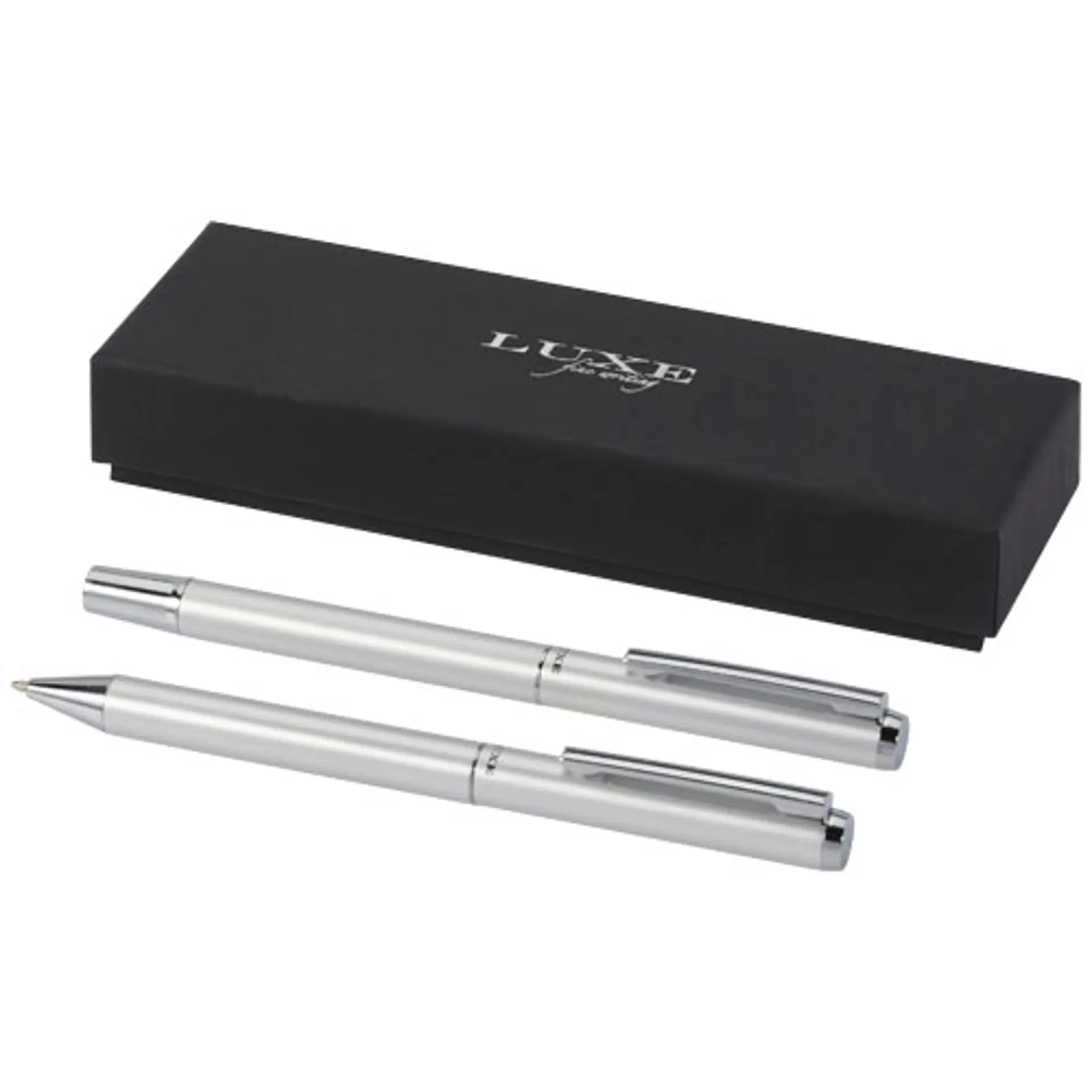 Bild på Lucetto presentförpackning med kulspetspenna och rollerballpenna i återvunnen aluminium (svart bläck)