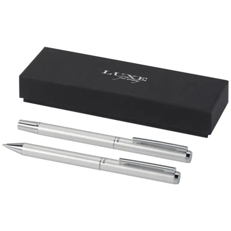 Bild på Lucetto presentförpackning med kulspetspenna och rollerballpenna i återvunnen aluminium (svart bläck)