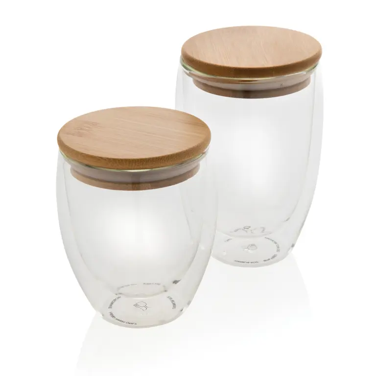 Dubbelväggigt borosilikatglas med bambulock, 350ml, 2-pack