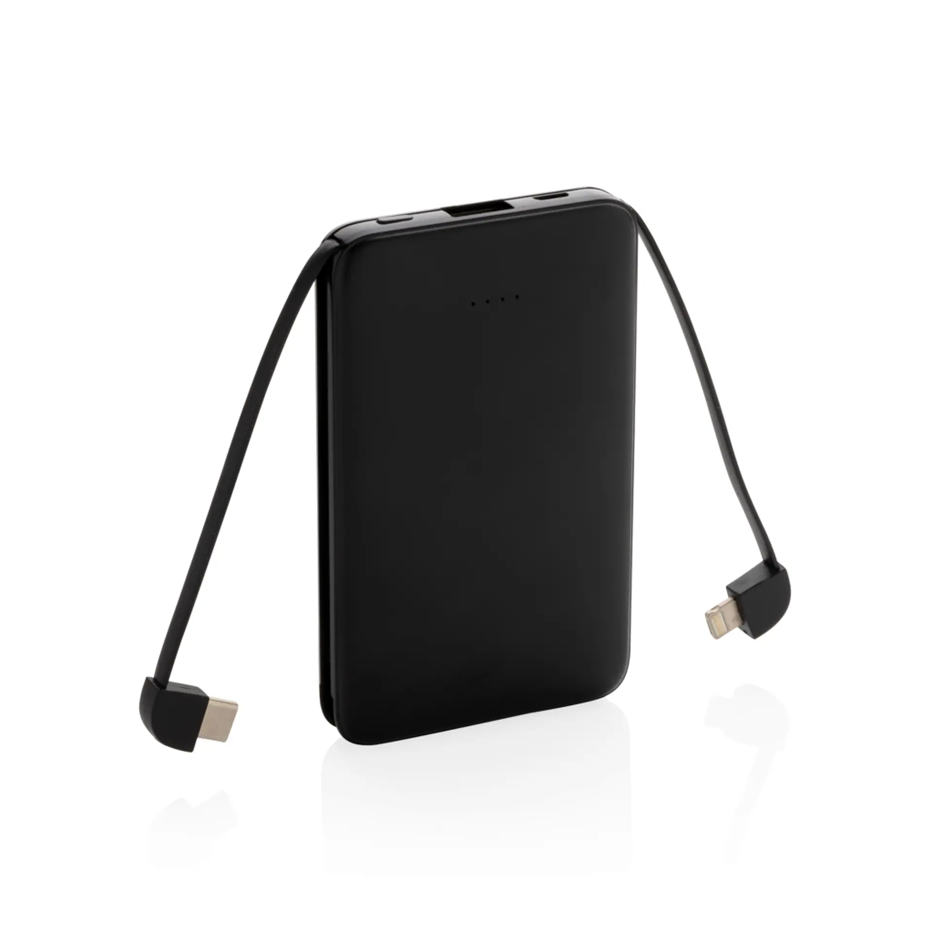 Bild på 5.000 mAh powerbank i fickformat med integrerade kablar