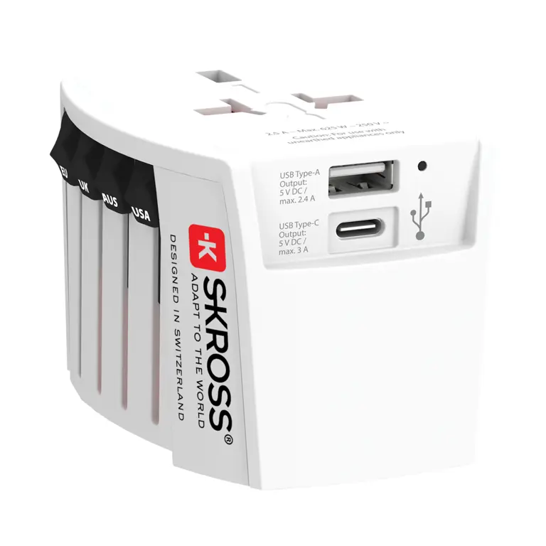 SKROSS världsreseadapter MUV 2-polig med USB A och C