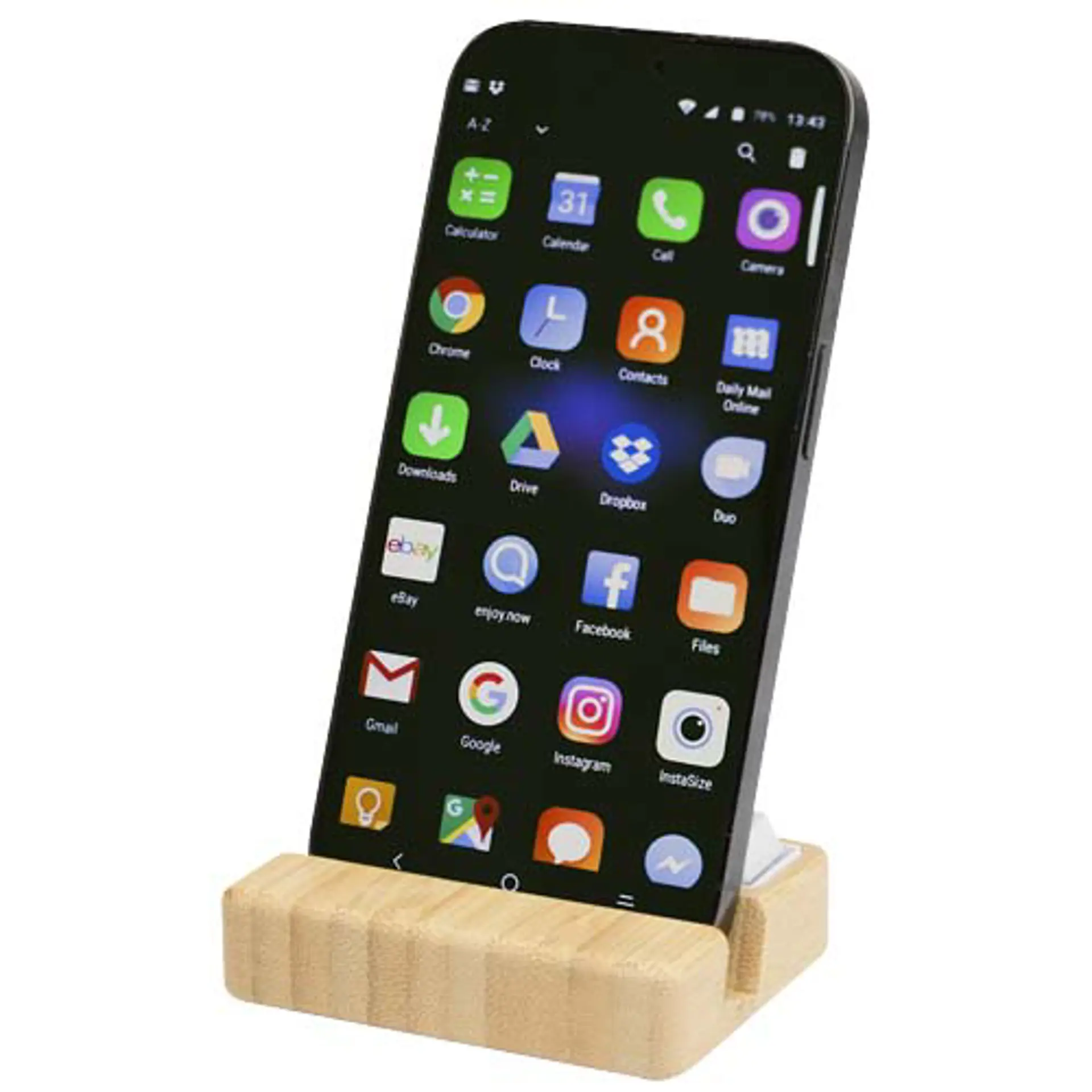 Bild på Algol telefonställ och fidget-leksak av återvunnen plast med detaljer i bambu