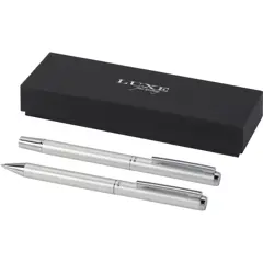Bild på Lucetto presentförpackning med kulspetspenna och rollerballpenna i återvunnen aluminium (svart bläck)