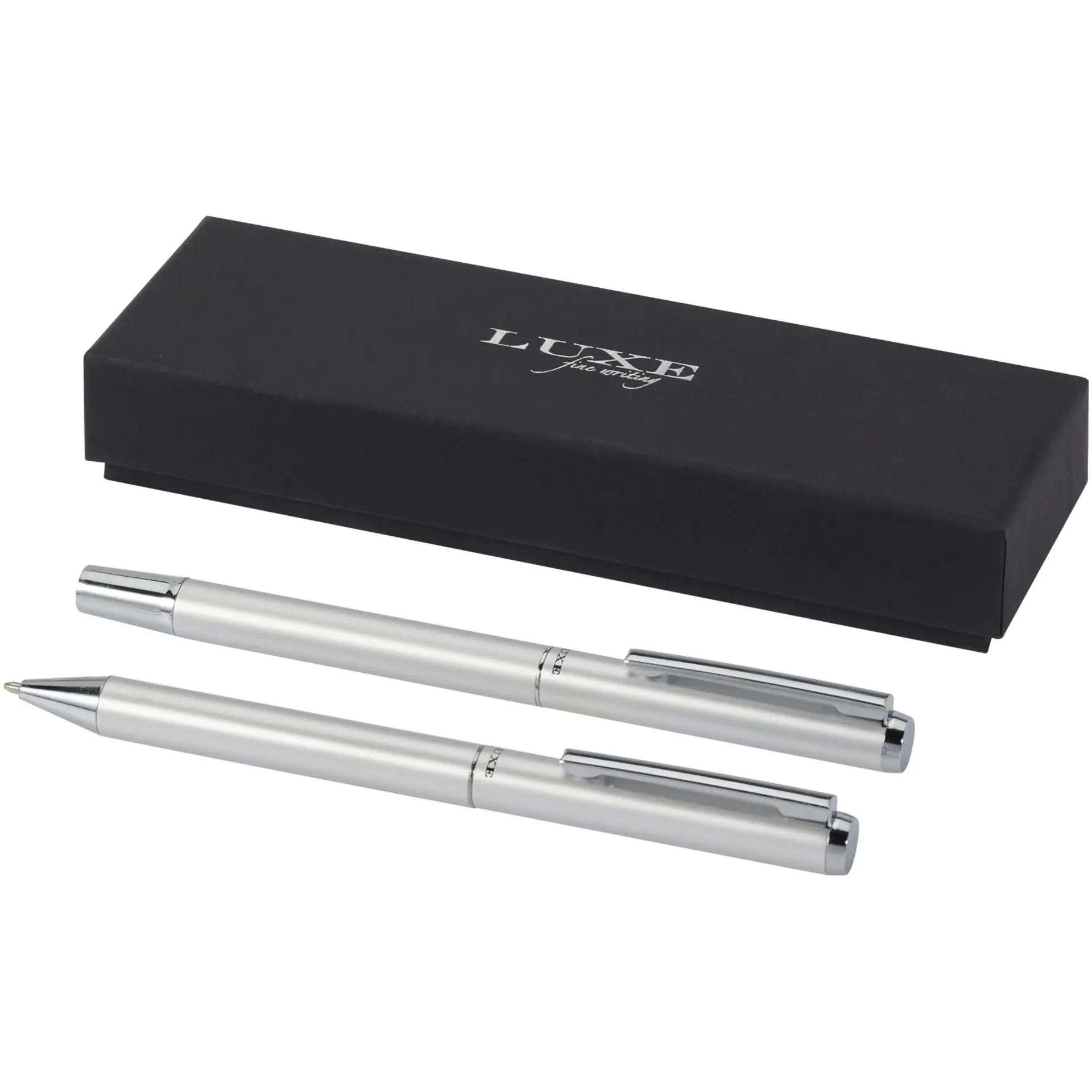 Bild på Lucetto presentförpackning med kulspetspenna och rollerballpenna i återvunnen aluminium (svart bläck)