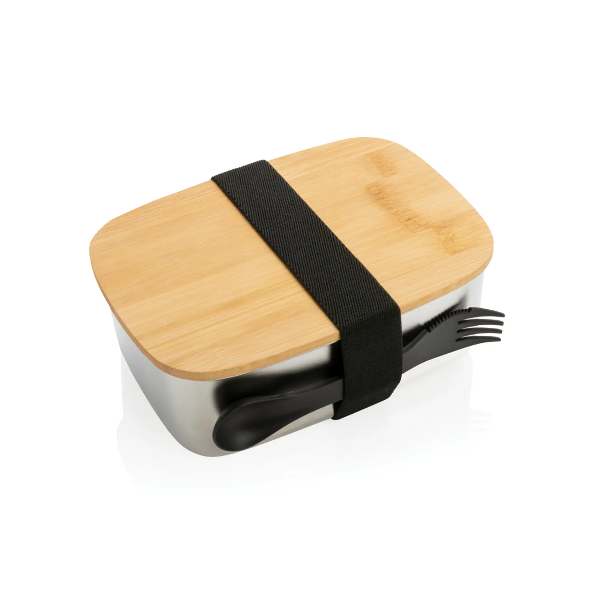 Bild på Stainless steel lunchlåda med bambulock och spork Bild på Stainless steel lunchlåda med bambulock och spork