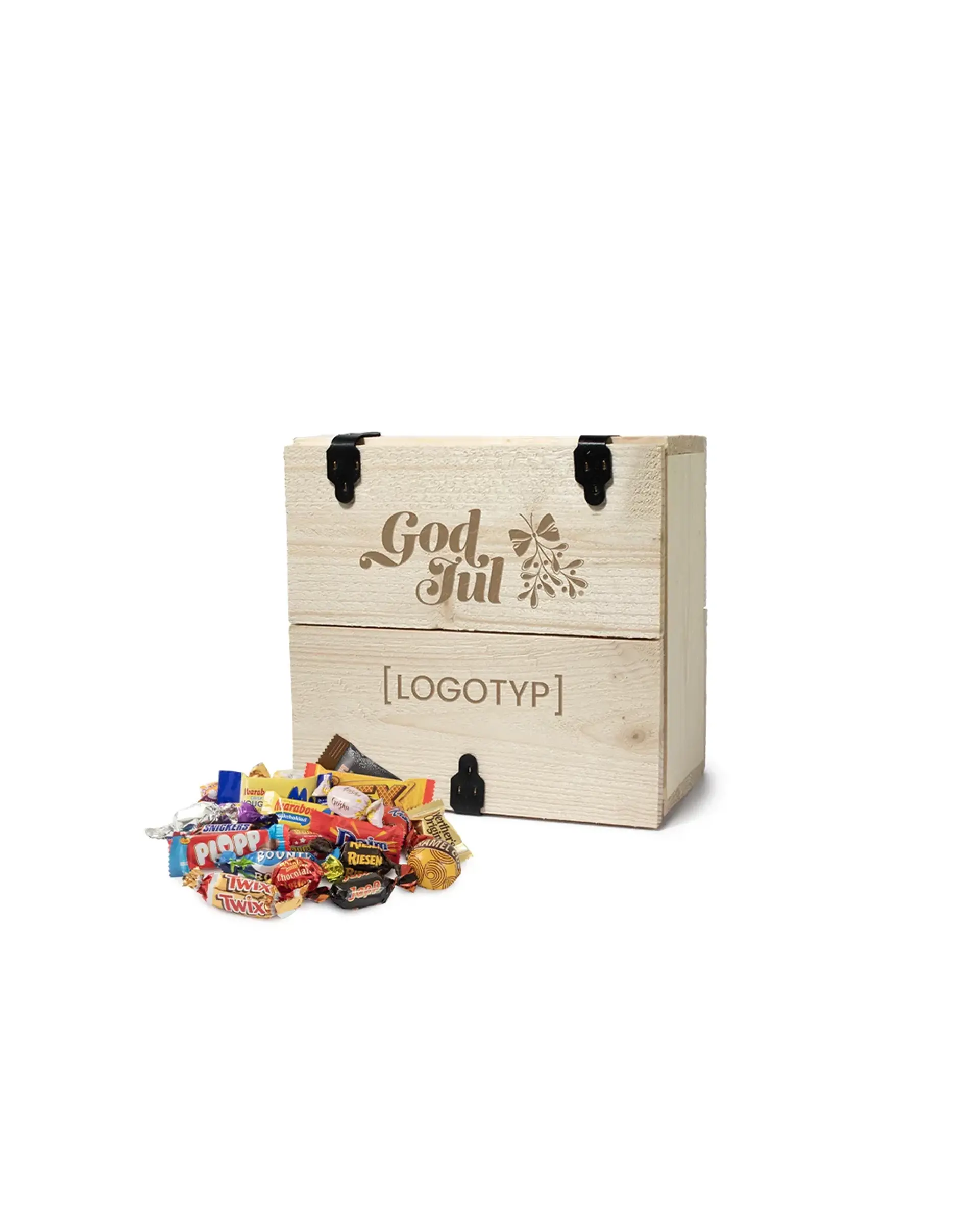 Handsnickrad trälåda med godis, liten (1kg)