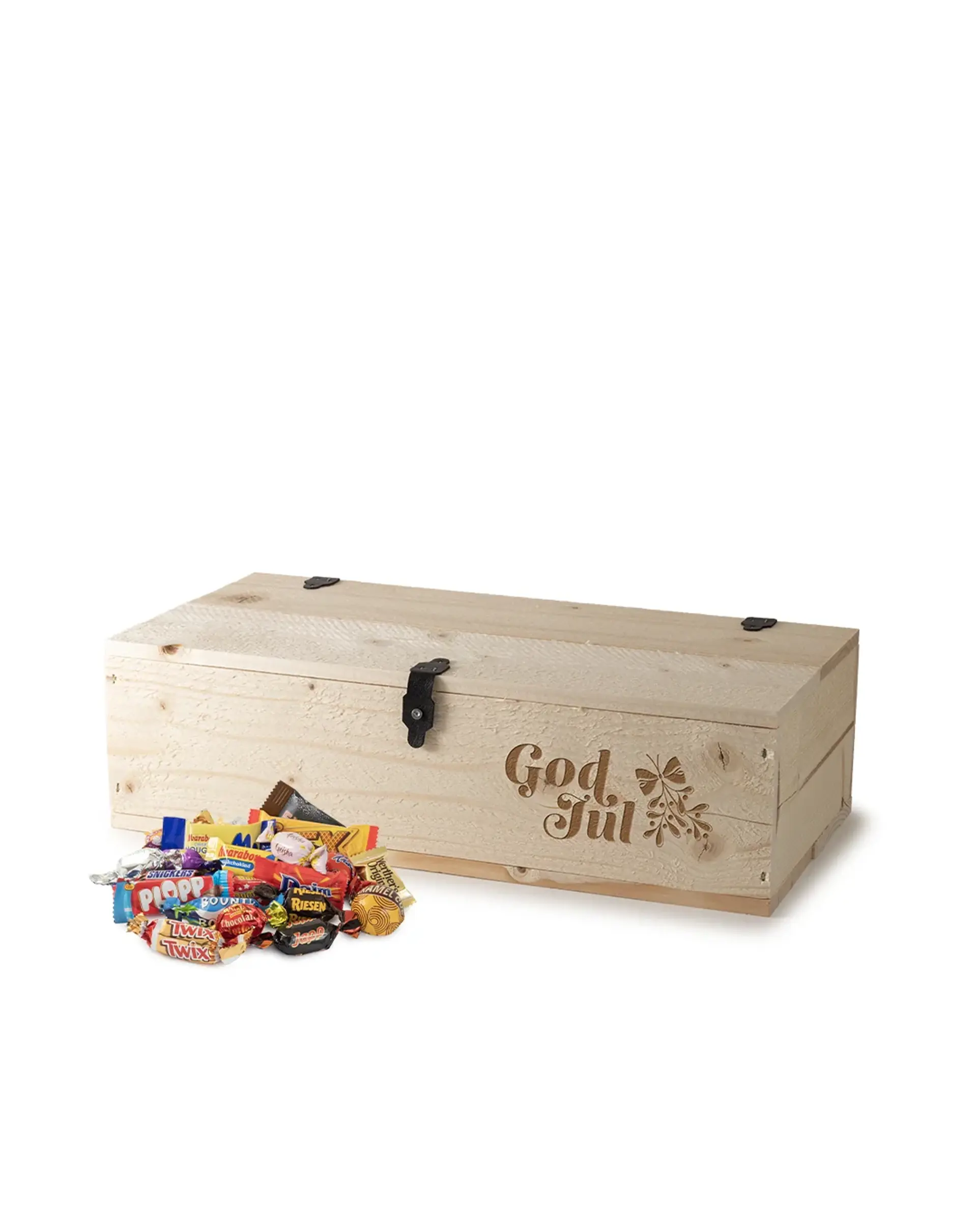 Bild på Handsnickrad trälåda med godis, stor (2kg)
